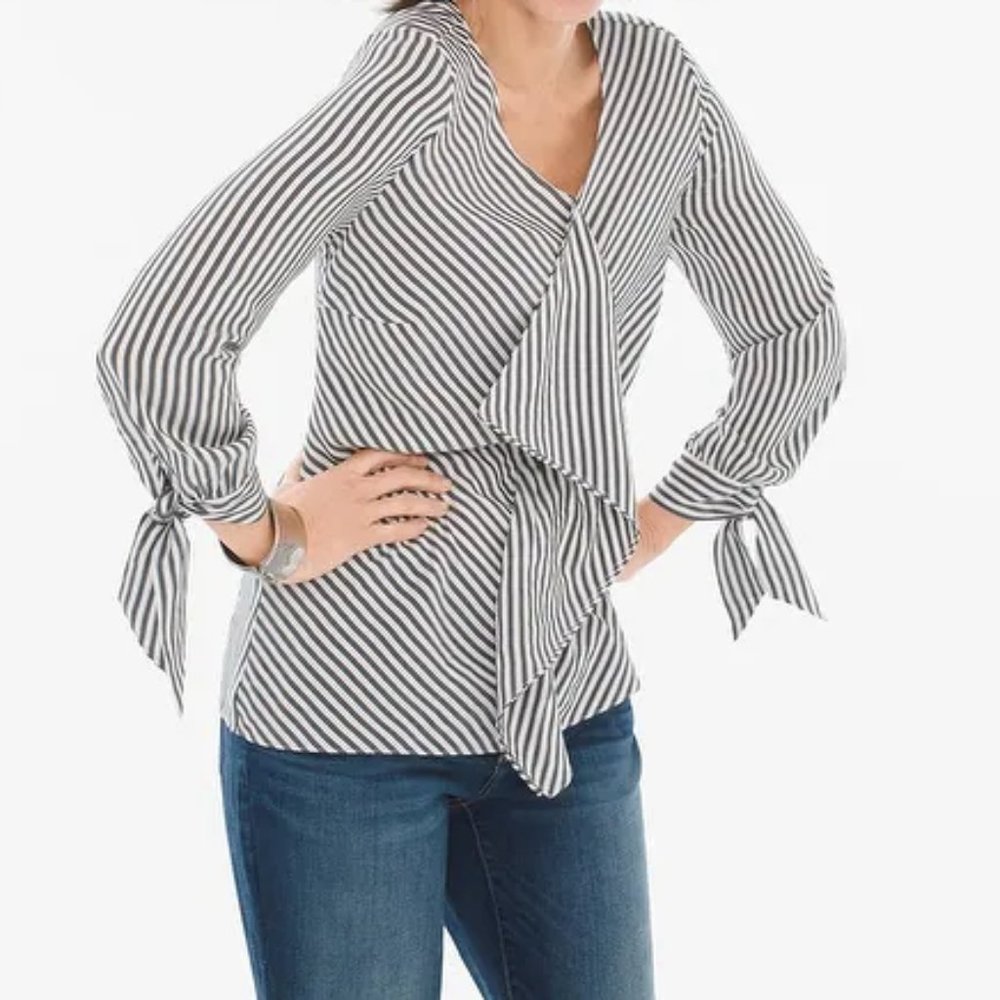Chico's Ruffle Front Pull Striped Ruffle Front Tie Sleeve Top size 3P